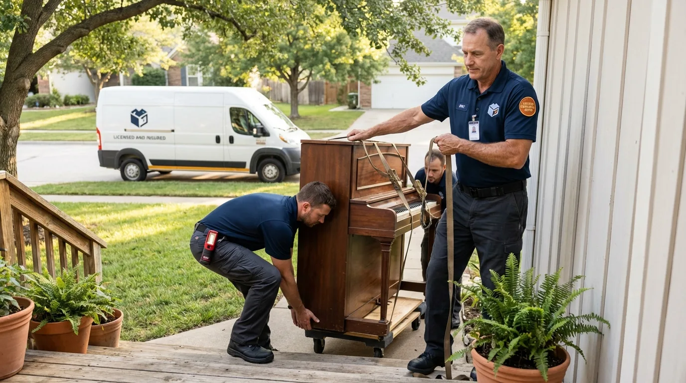 Licensed piano movers securing grand piano in Windsor, CT