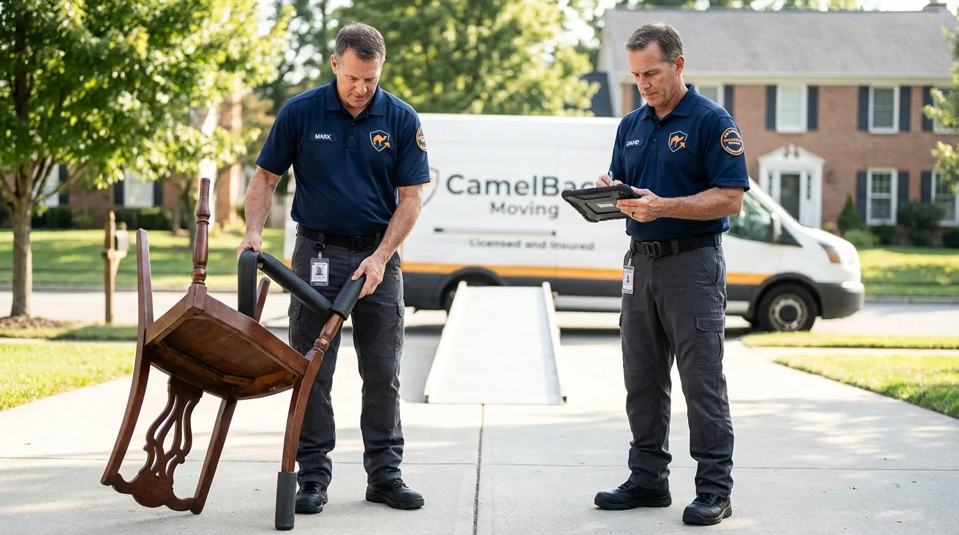 Movers inspecting furniture for damage prevention before loading in Windsor, CT